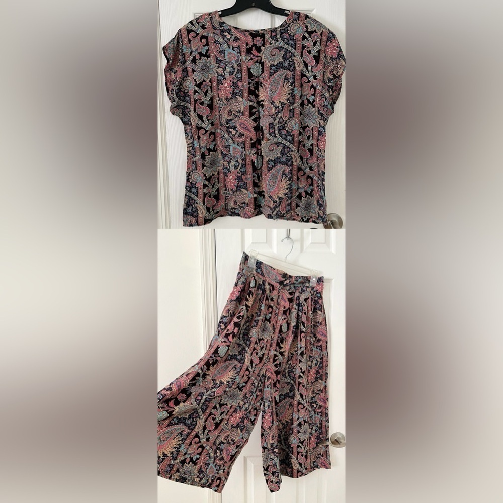 Vintage NY Clothing Co paisley pink black blue palazzo pant set- Size Large